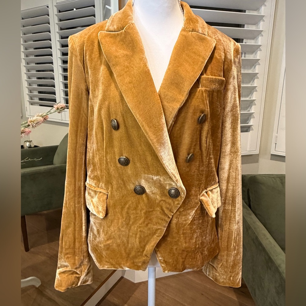 Rachel Zoe Velvet Double-Breasted Mustard Blazer-Size Small